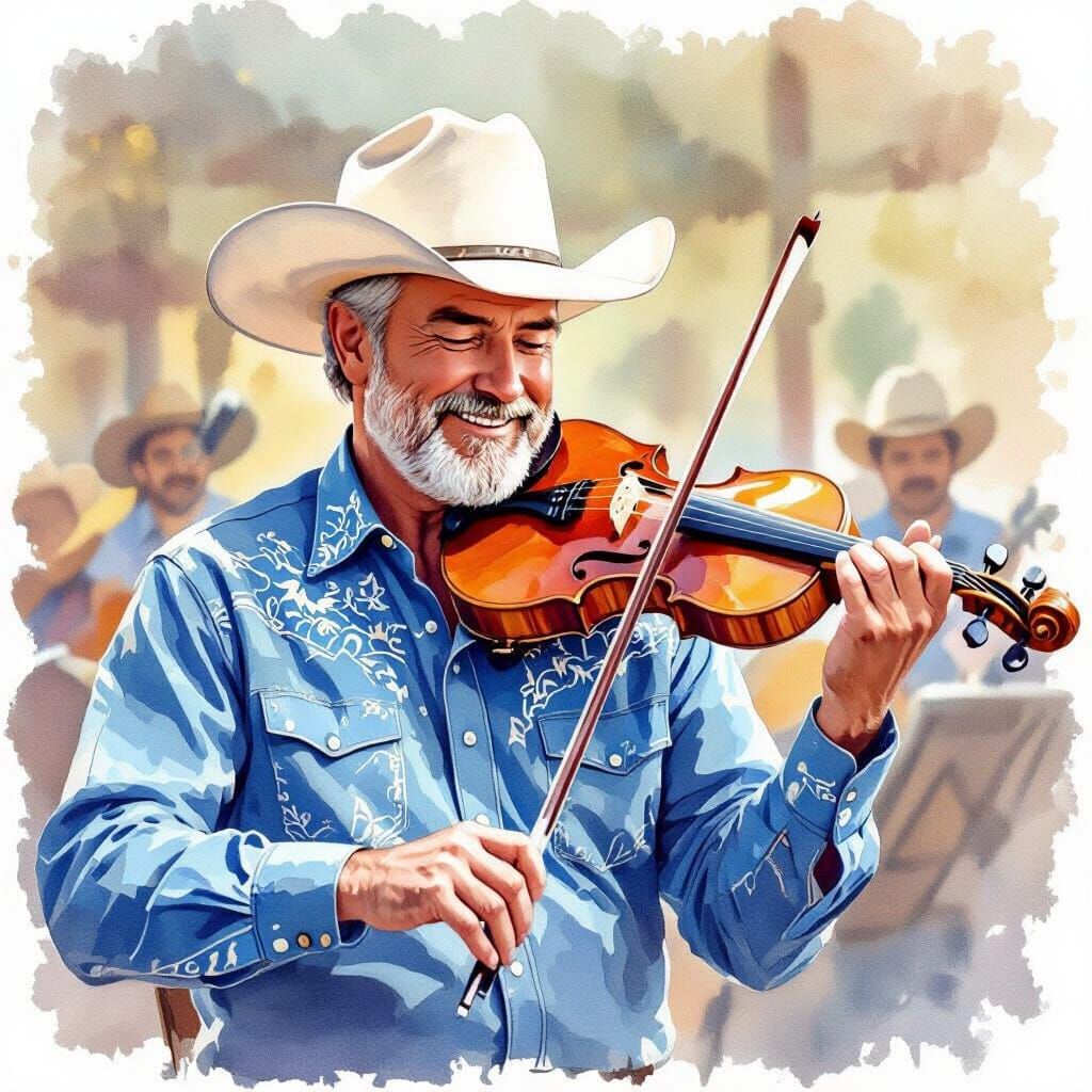 Whimsical Watercolor of Man Playing Violin in Texas Swing Ba...