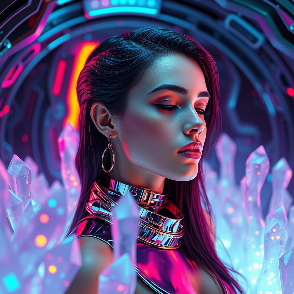 Serene Woman in Futuristic Bismuth Oasis