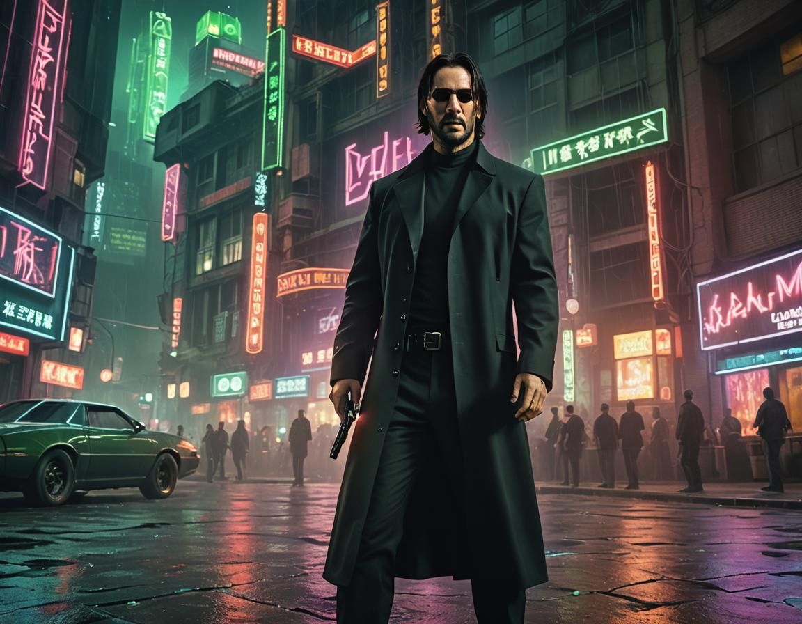 Keanu Reeves as Neo in Neon Cityscape