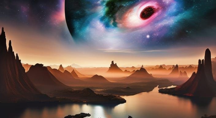 Detailed Fantasy Planetary Art in a Nebula Sky