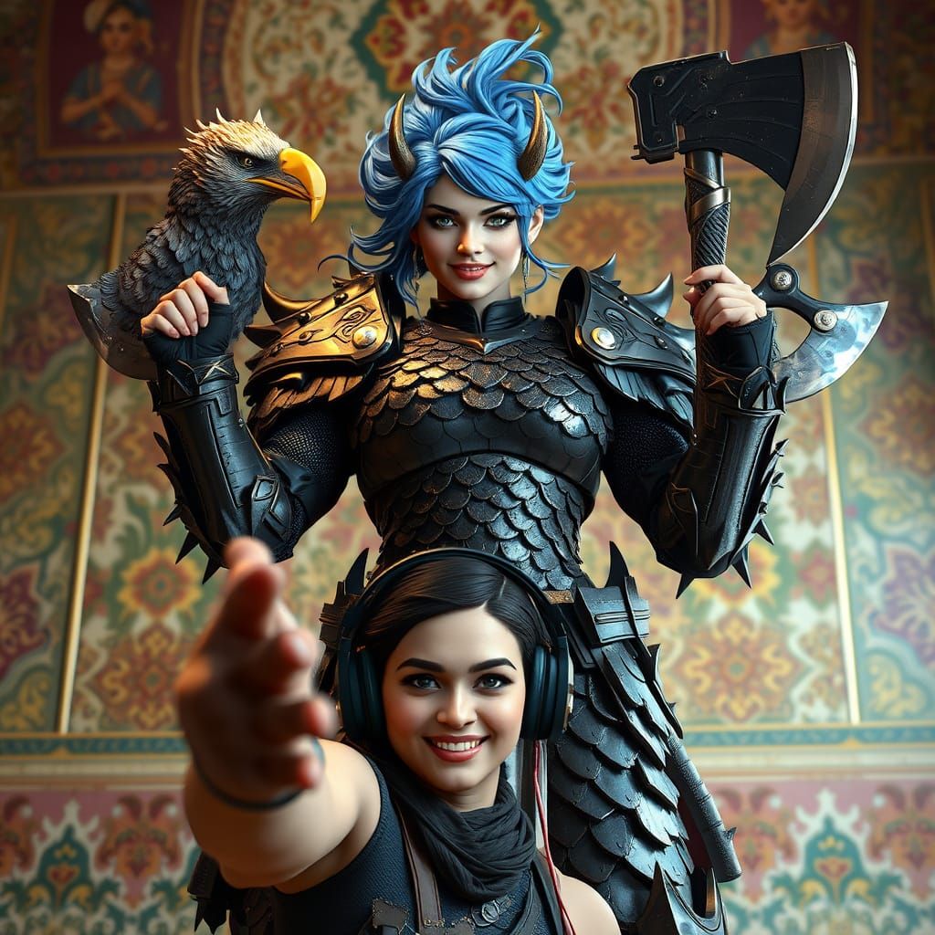 Electrokinetic Giantess in Indian-Inspired Armor with Animal...