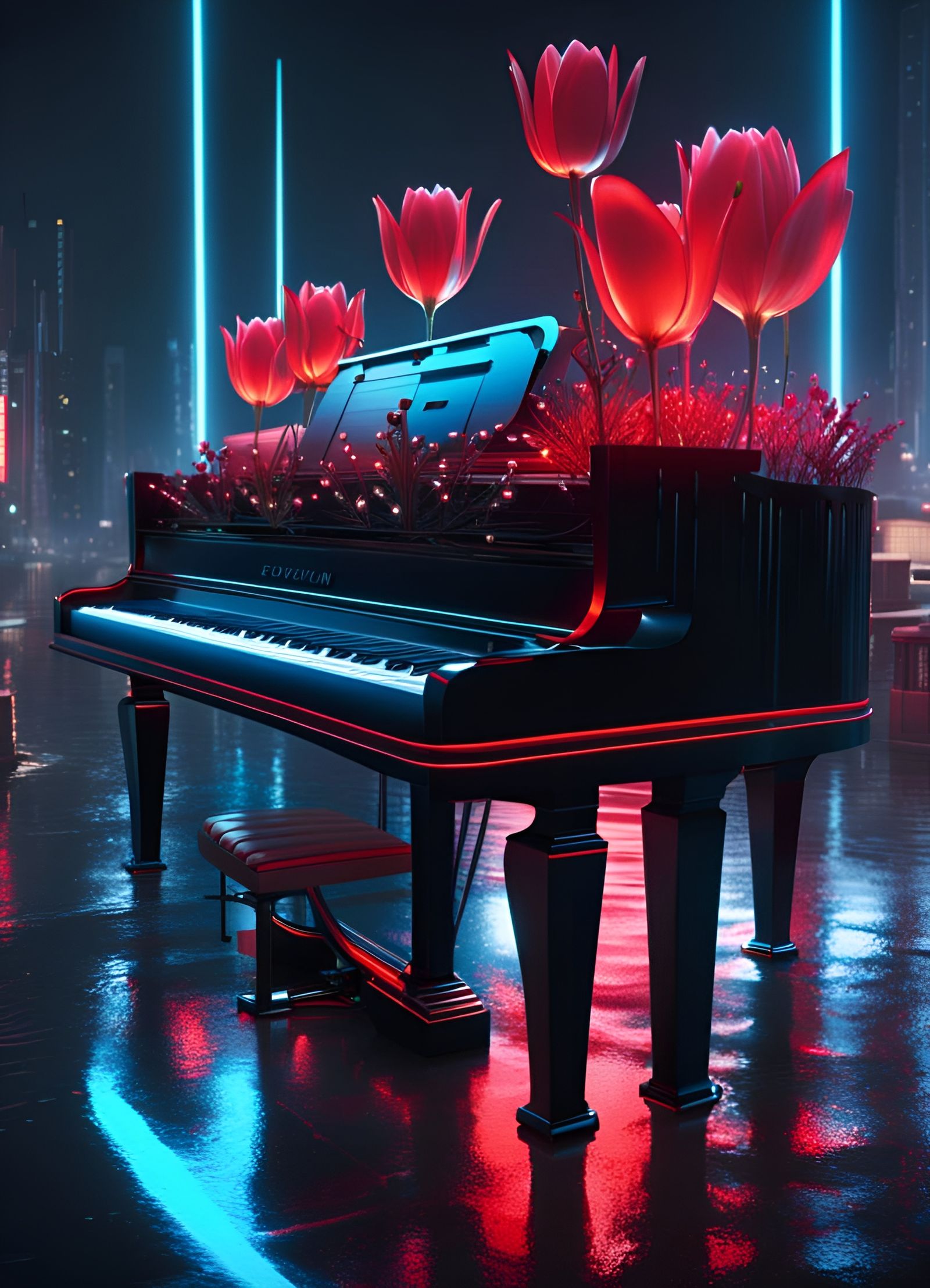 Cyberpunk Piano with Glowing Tulips in Underwater City