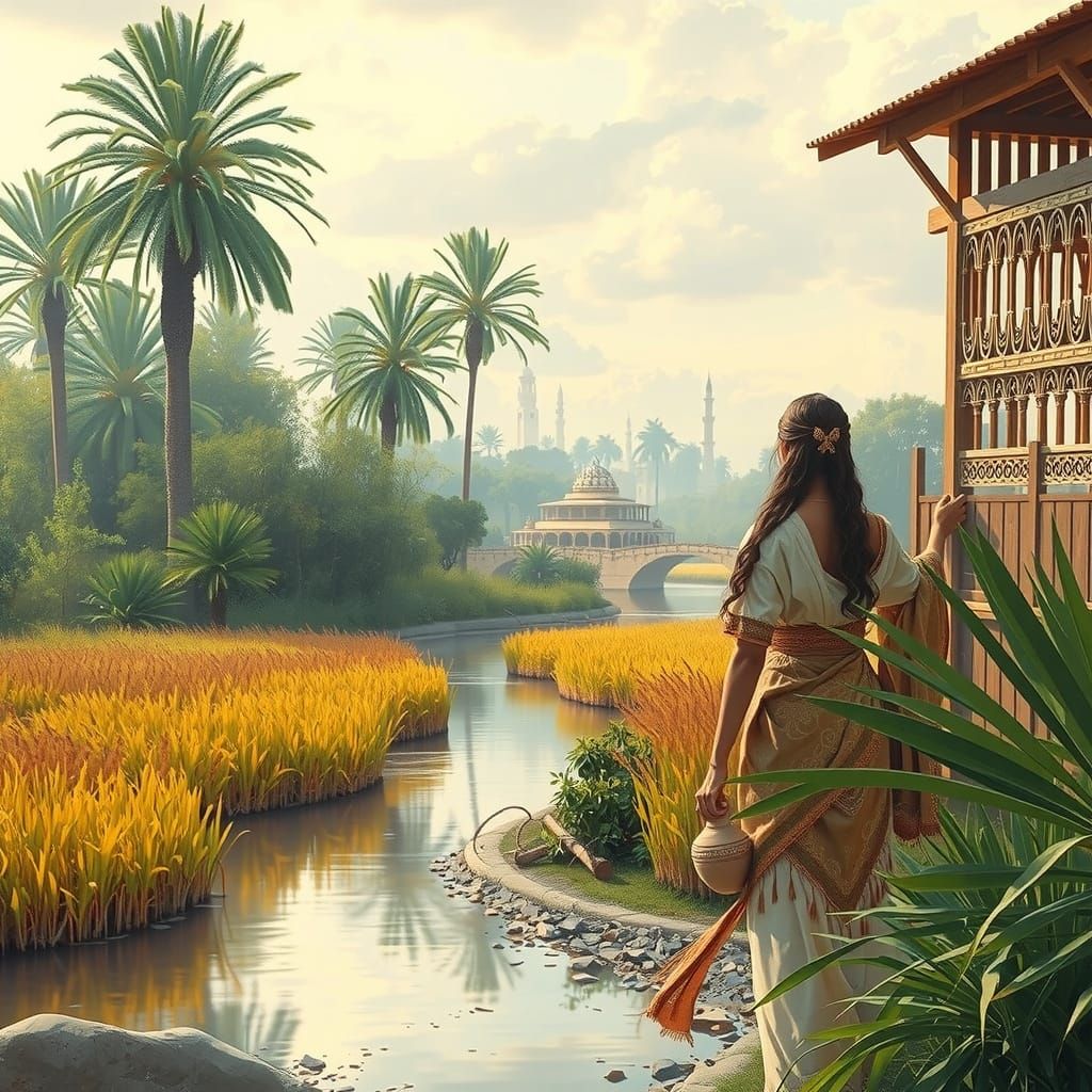 Ancient Babylonian River Scene in Vibrant Hyper-Realism