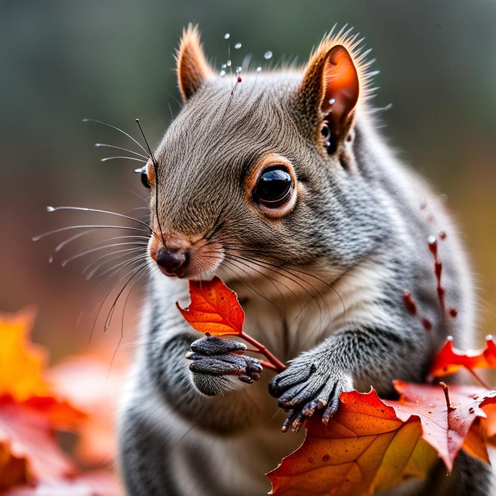 Squirrel with Leaf in Macro Wildlife Photography