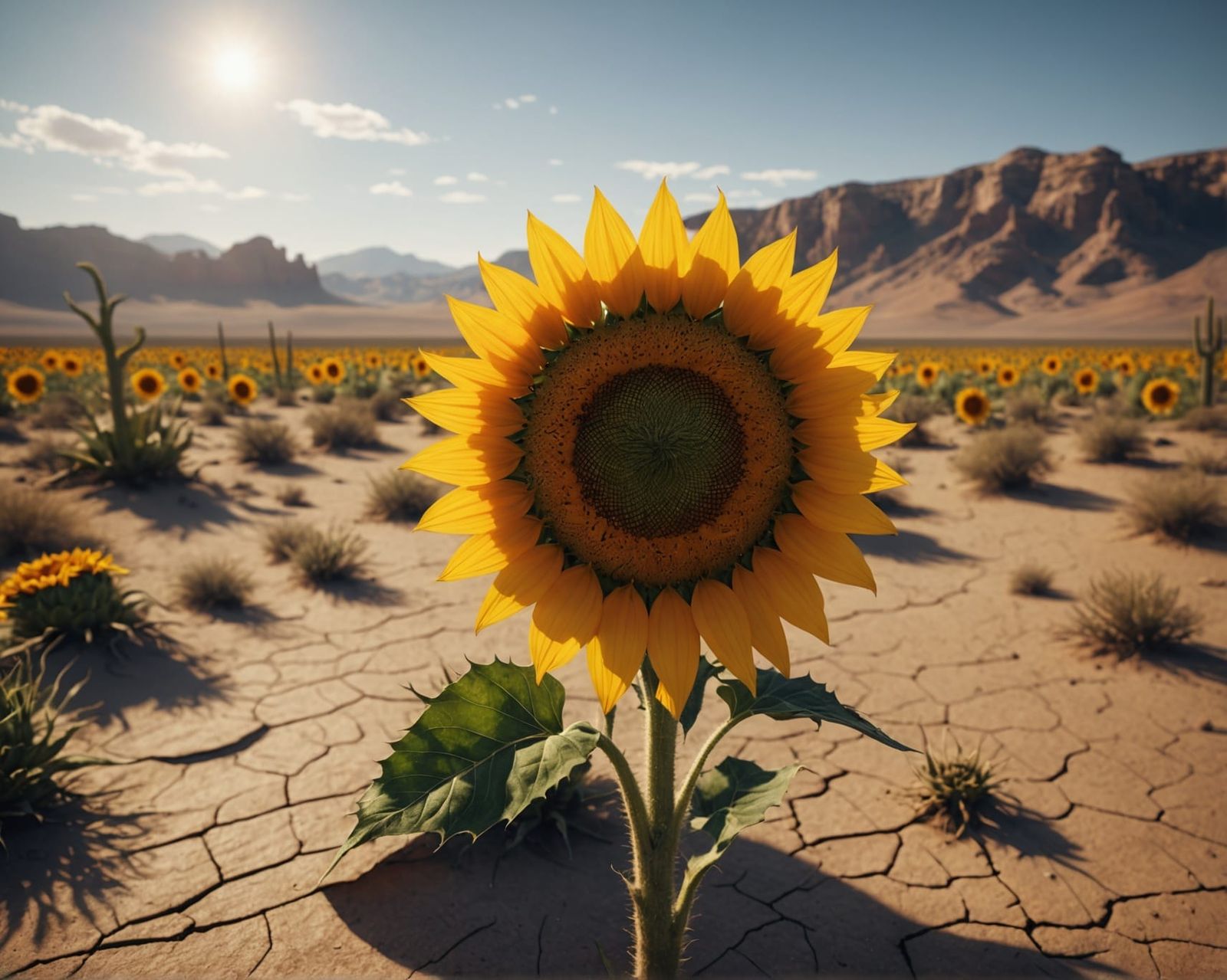 Lonely Sunflower in Arid Desert: Digital Matte Painting