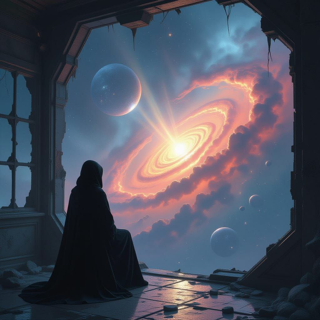 Crystalline AI Gazes at Nebula from Decaying Deck