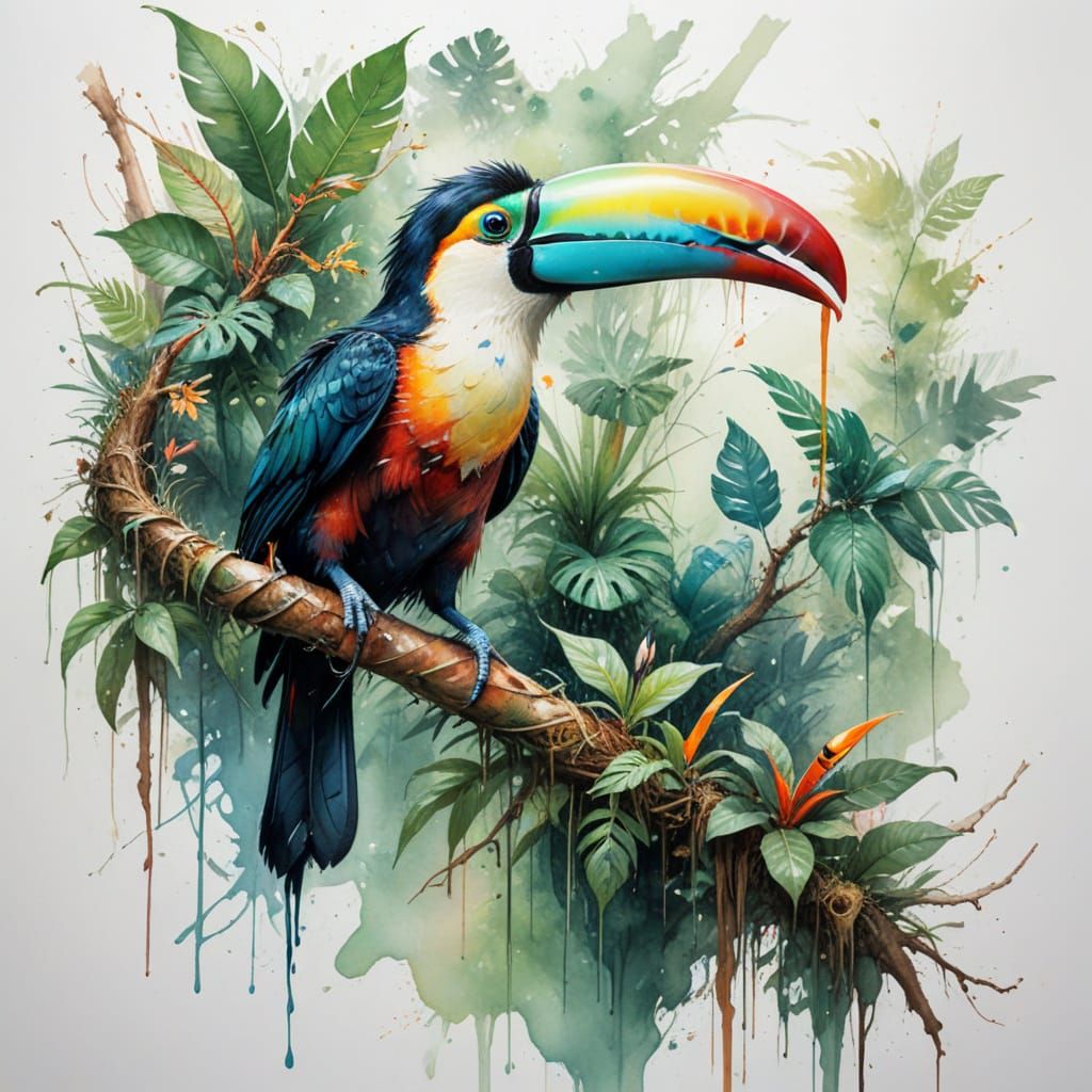 Surreal Rainforest Oasis in Watercolour Style