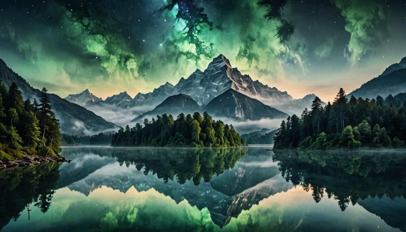Mountains and Lake at Night in Glass Luminism