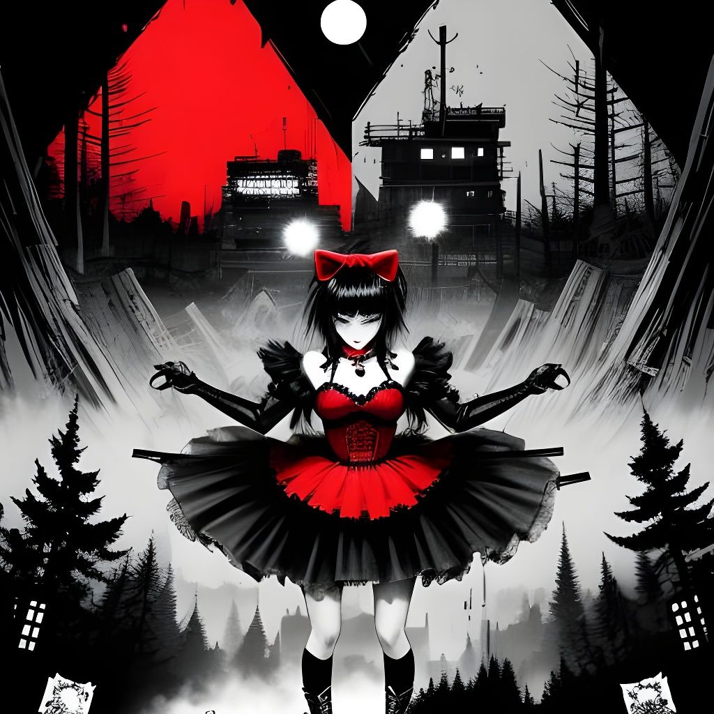 Grayscale Fantasy Forest with Red Hello Kitty