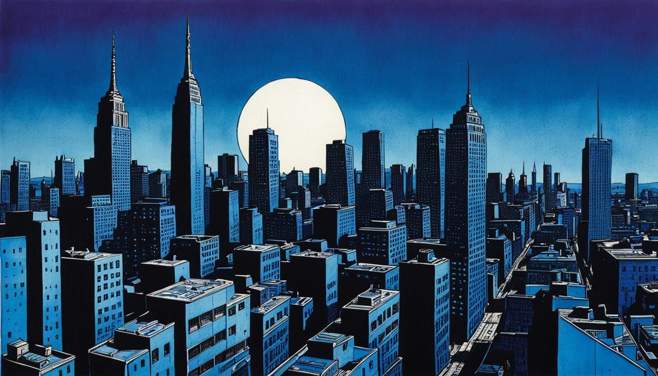 Retrofuturistic Cityscape in Blue Biros
