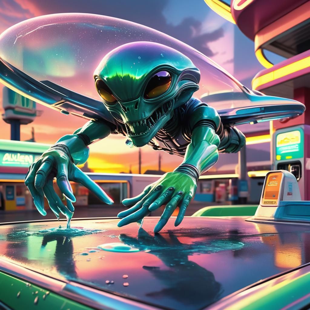 Spaceship at Alien Gas Station in Retro-Futuristic Style