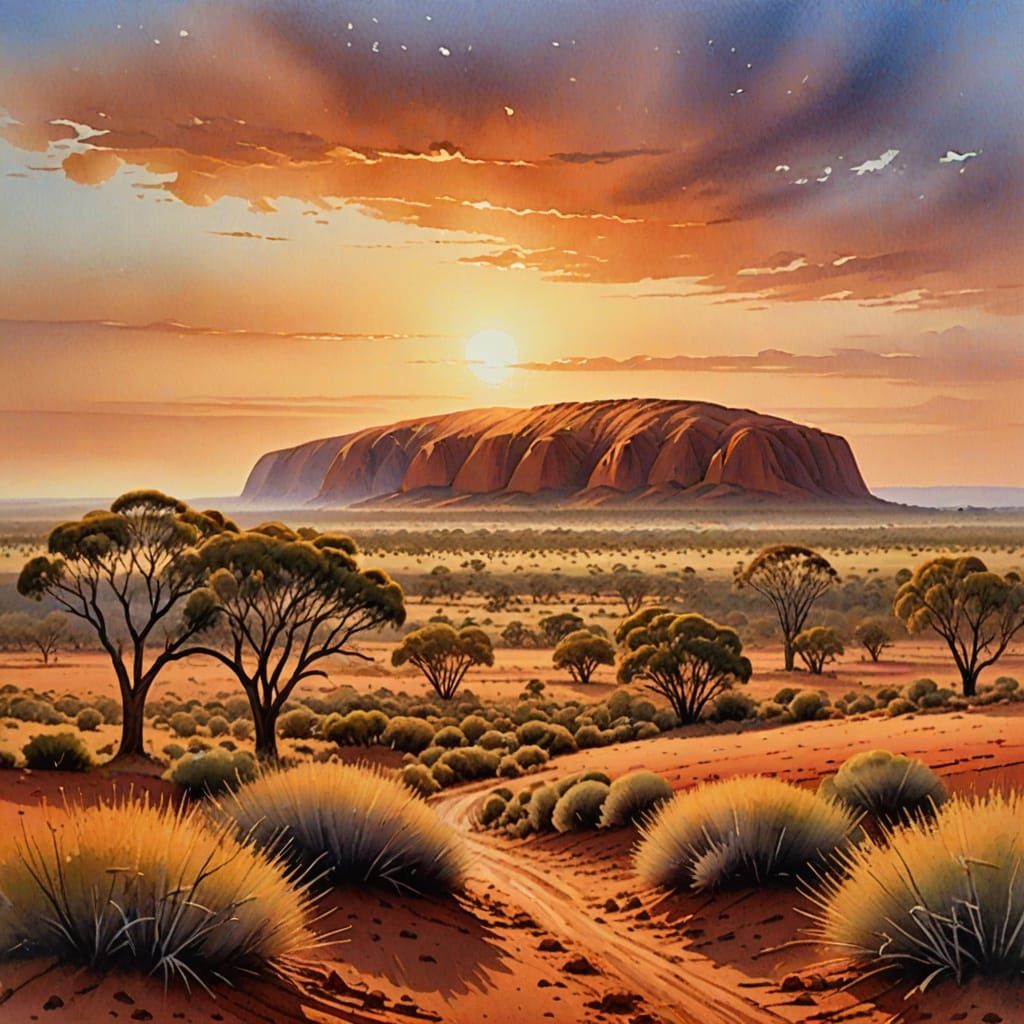 Uluru, Australia in Dreamy Watercolour Landscape