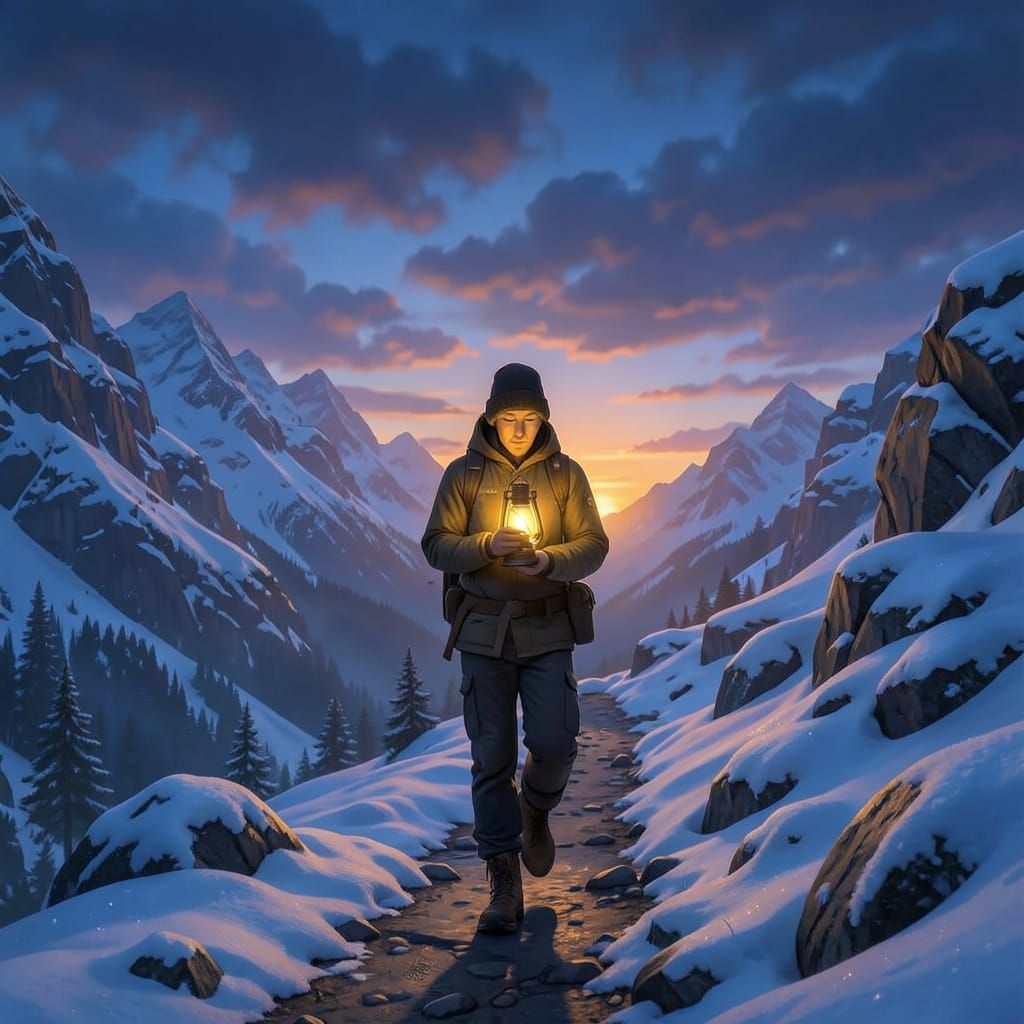 Fantasy Traveler with Lantern on Snowy Mountain Path