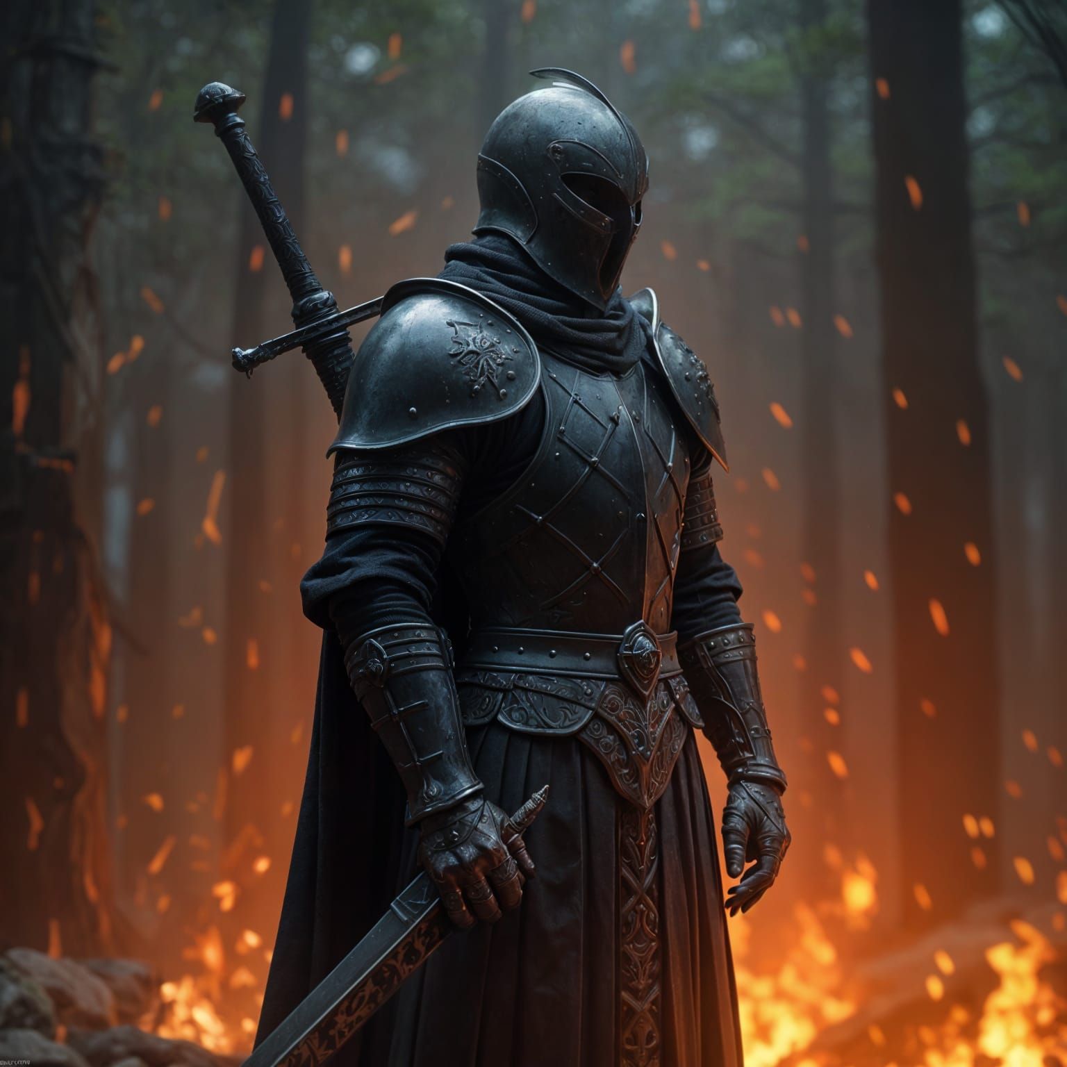 Medieval Knight in Fiery Armor, Vanta Black and Flame