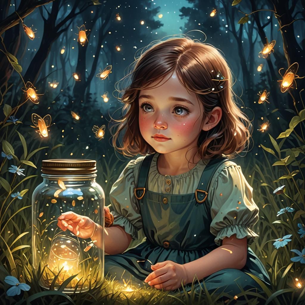 Little Girl with Fireflies in Fantasy Forest