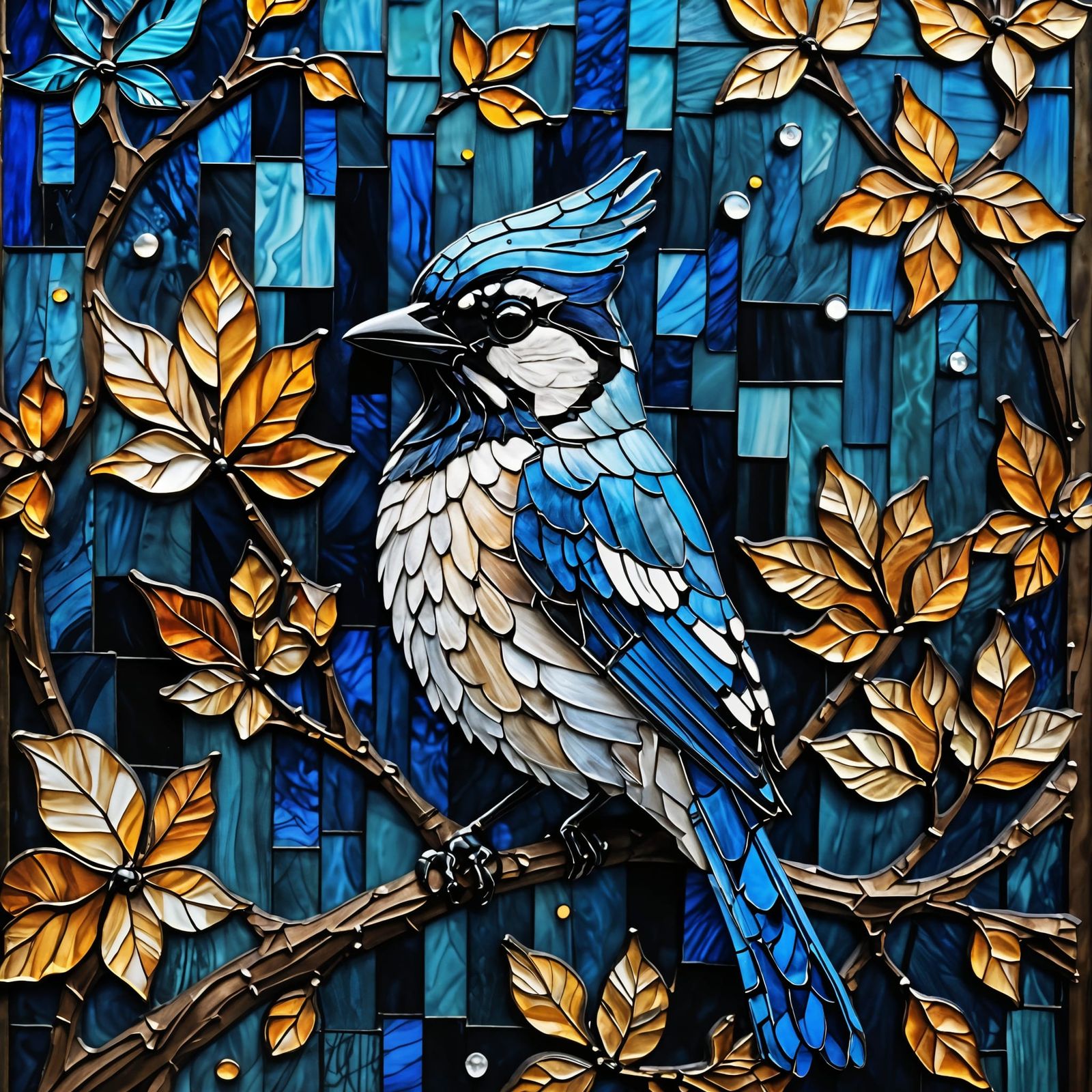 Stained Glass Blue Jay Impasto Painting
