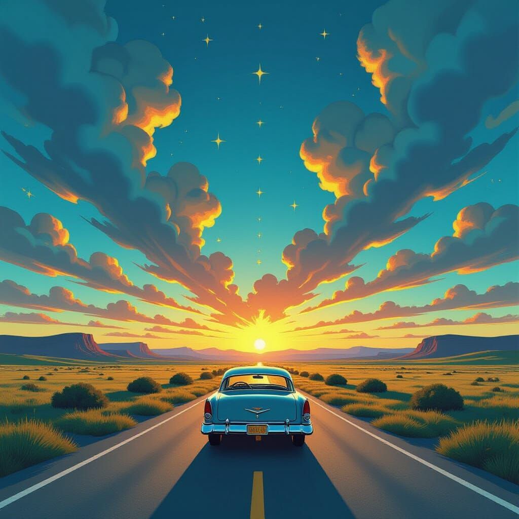 Vintage Car Drives Under Surreal Yellow Clouds in Graphic St...