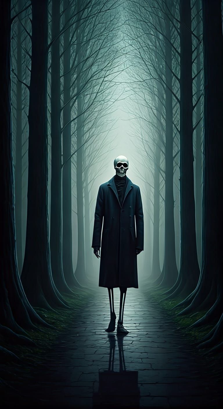 Skeleton Walks in Foggy Park at Night