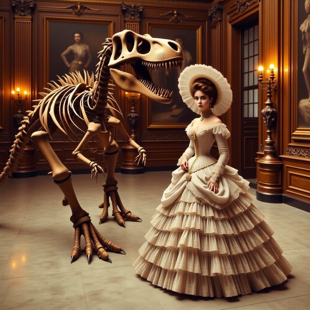 Victorian Woman and T-Rex Fossil, Pre-Raphaelite Style