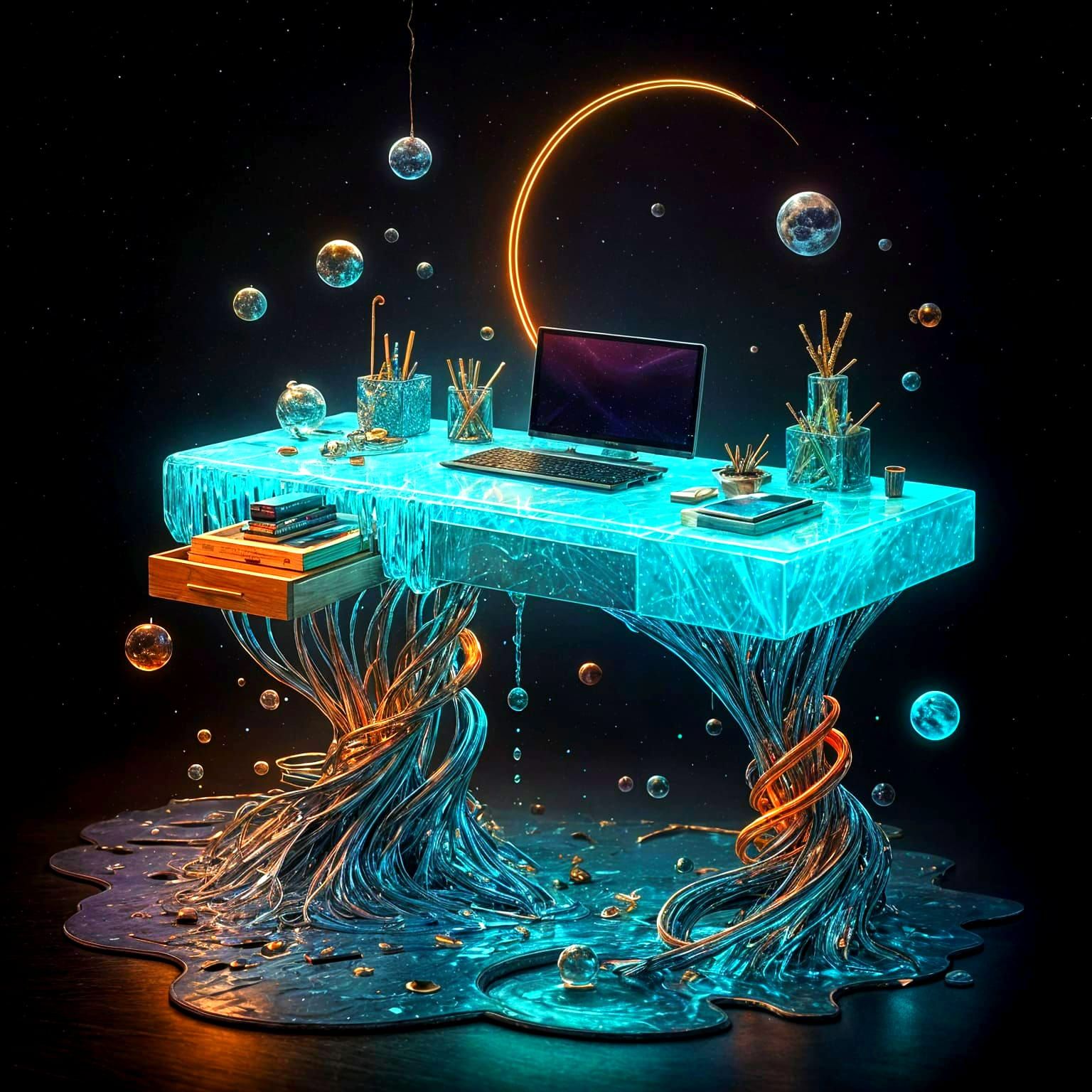 Surreal Crystal Desk in Zero Gravity Workplace