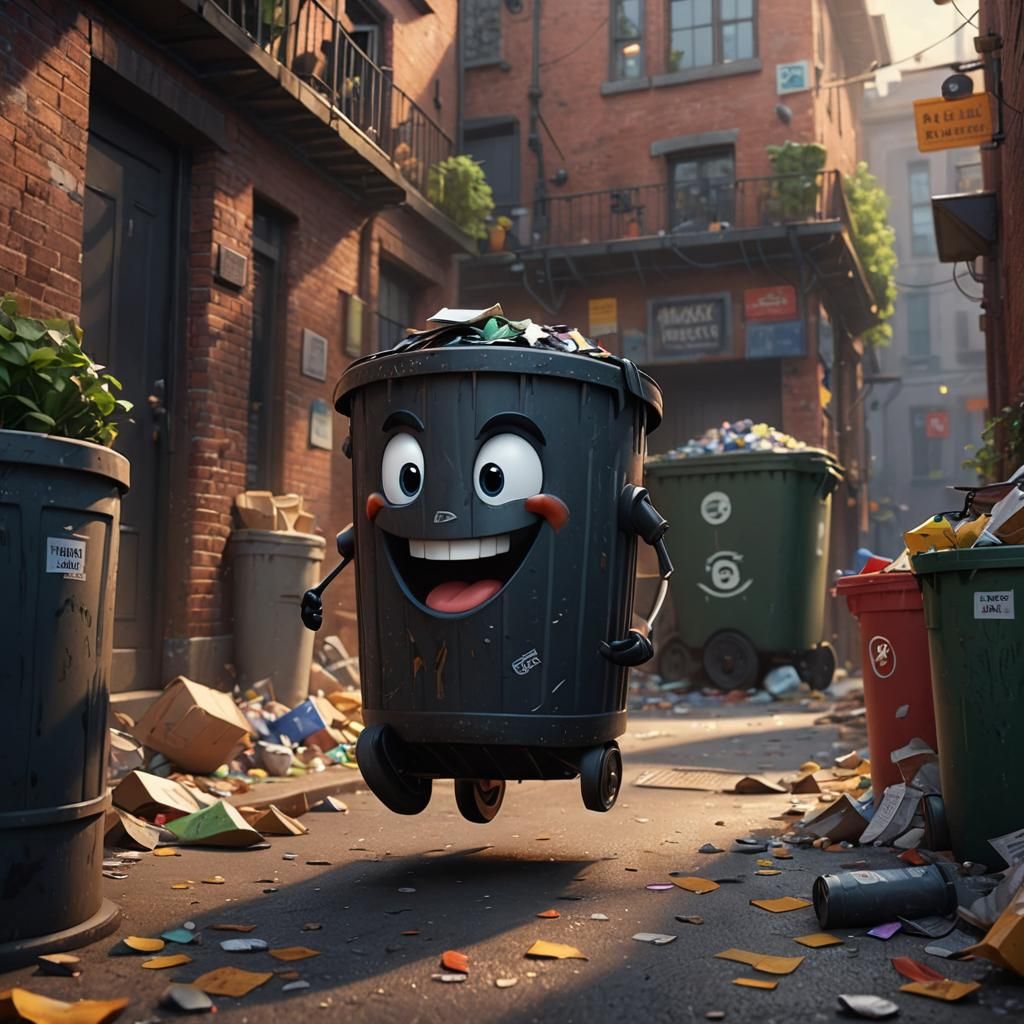 Smiling Running Trash Can: Pixar-Style 3D Art