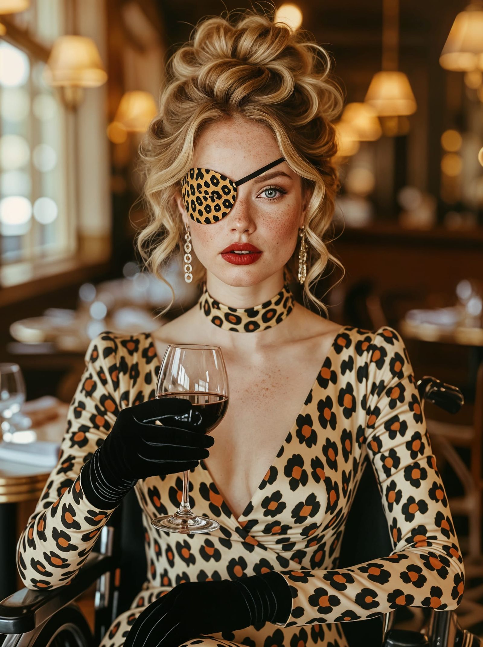 Elegant Woman in Leopard Outfit with Eyepatch and Wine