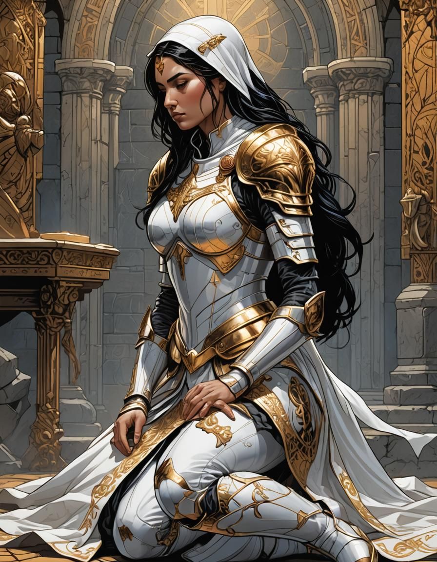 Female paladin crusader in white armor. Black hair. Holy. Simple line art.