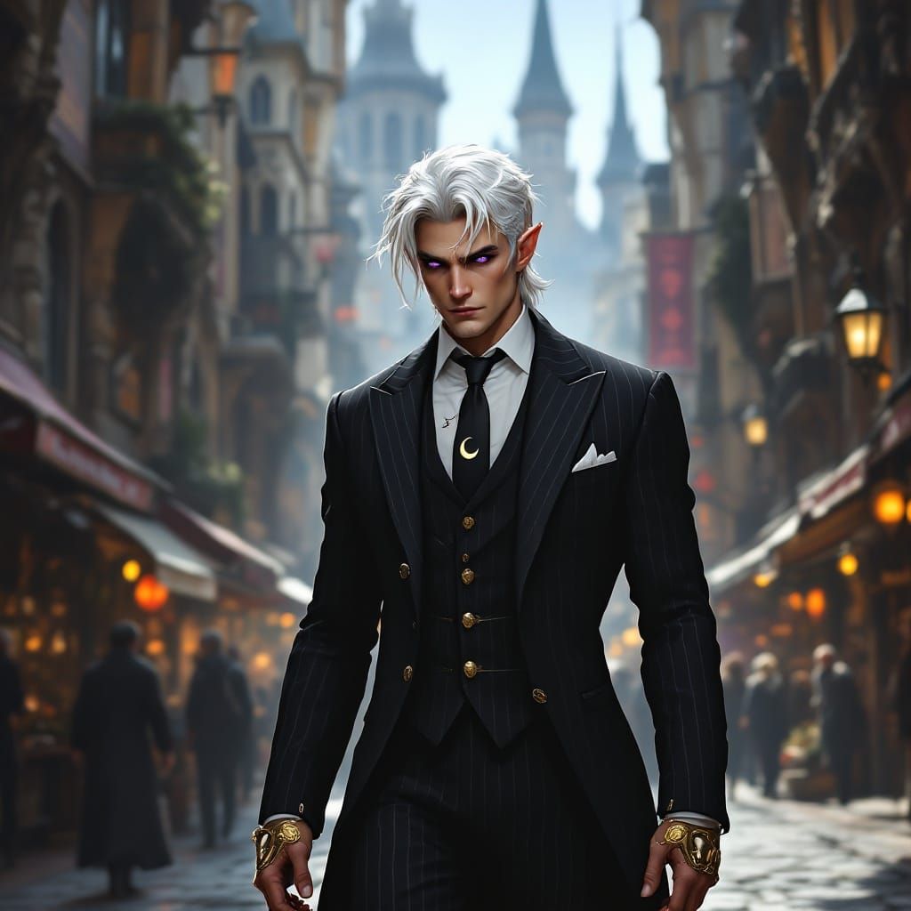 Elegant Fantasy City Elf in Pinstripe Suit