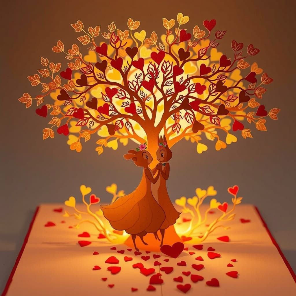 Whimsical 3D Tree of Love with Joyful Squirrel Couple