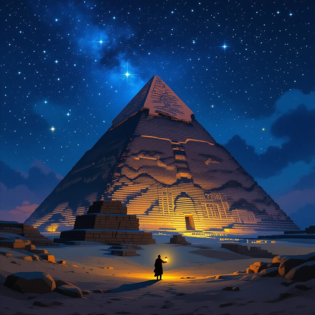 Starry Night Over Ancient Pyramid with Lone Explorer