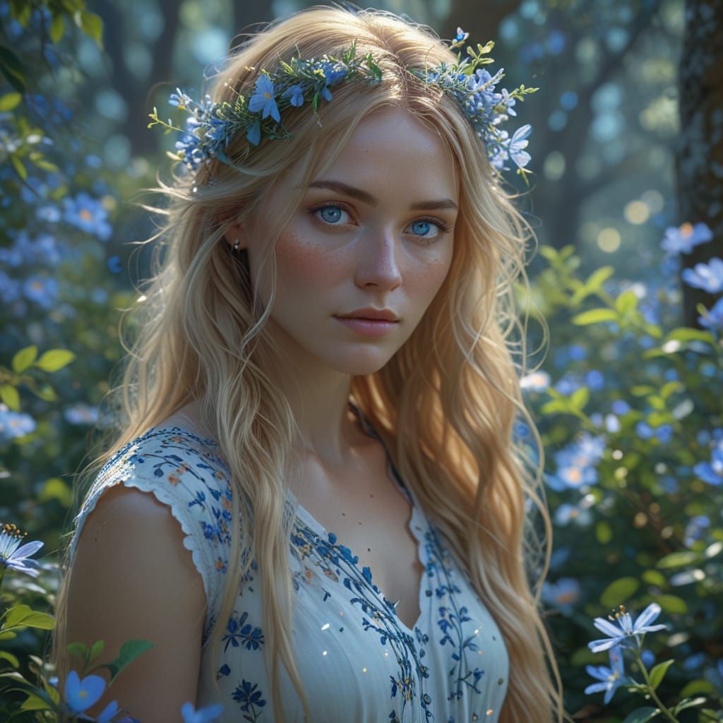 Ethereal Woman with Golden Hair in Digital Art