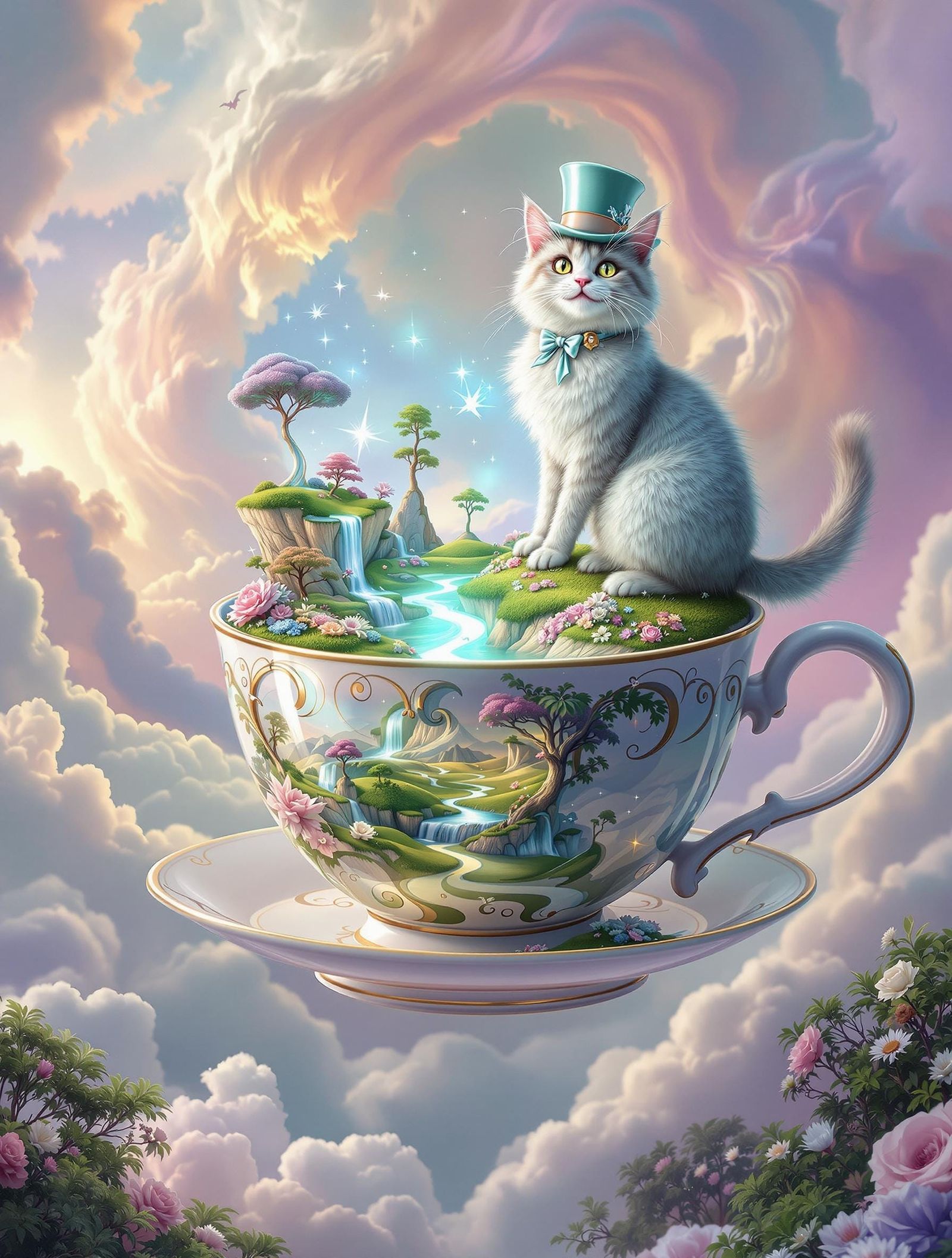 Whimsical Surrealist Cat Reigns Over Pastel Wonderland