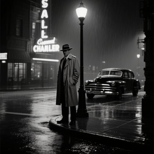 Classic Film Noir Detective on Rainy Street