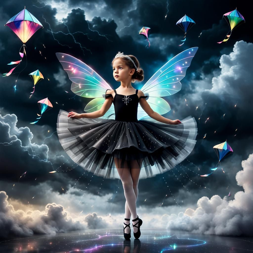 Ballerina Fairy on Storm Cloud with Kites