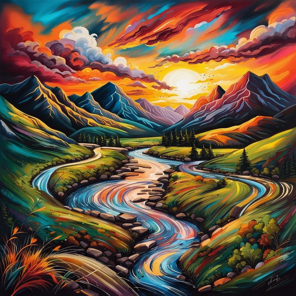 Dramatic Sunset Over Mountain Valley in Graffiti Art Style