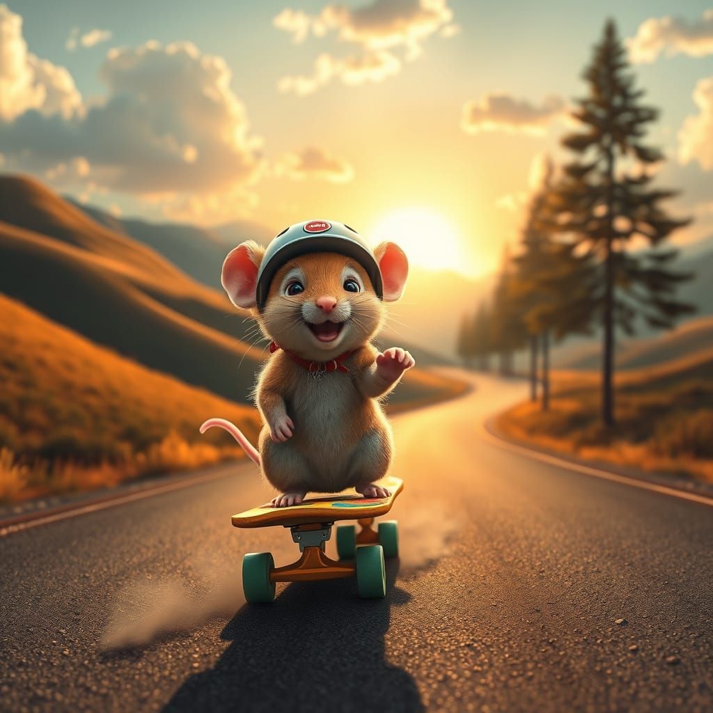 Playful Mice in a Vibrant, Retro-Futuristic Skateboard Scene