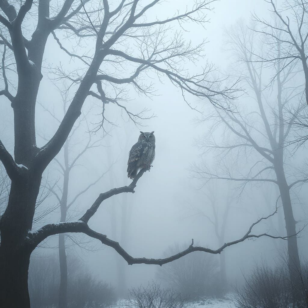 Majestic Owl in Foggy Winter Fantasy Forest