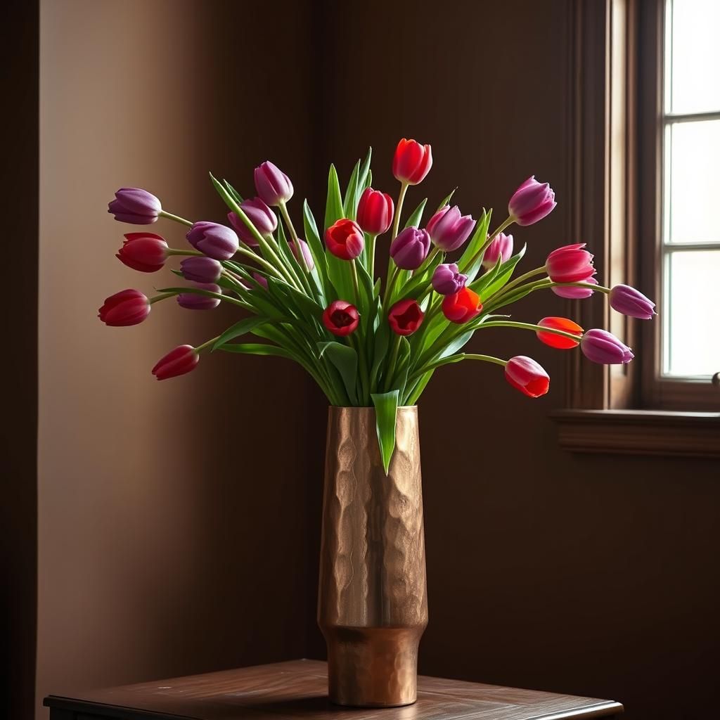 Ikebana Tulips in Copper Vase, Mapplethorpe Style