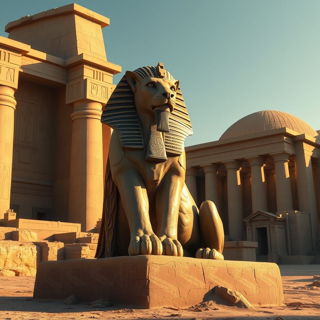 Sphinx Guardian of Ancient Egyptian Temple in Hyperrealistic...