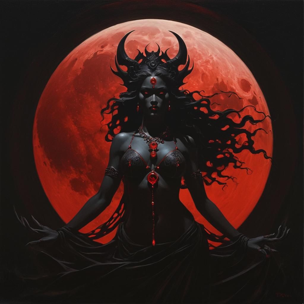 Goddess of the Blood Moon Rising, Dark Fantasy Art