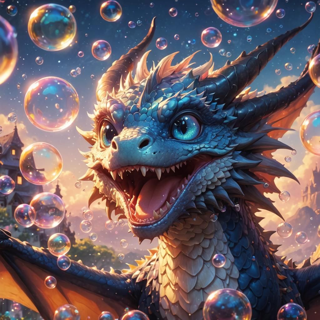 Adorable Dragon Laughing with Bubbles in Anime Style