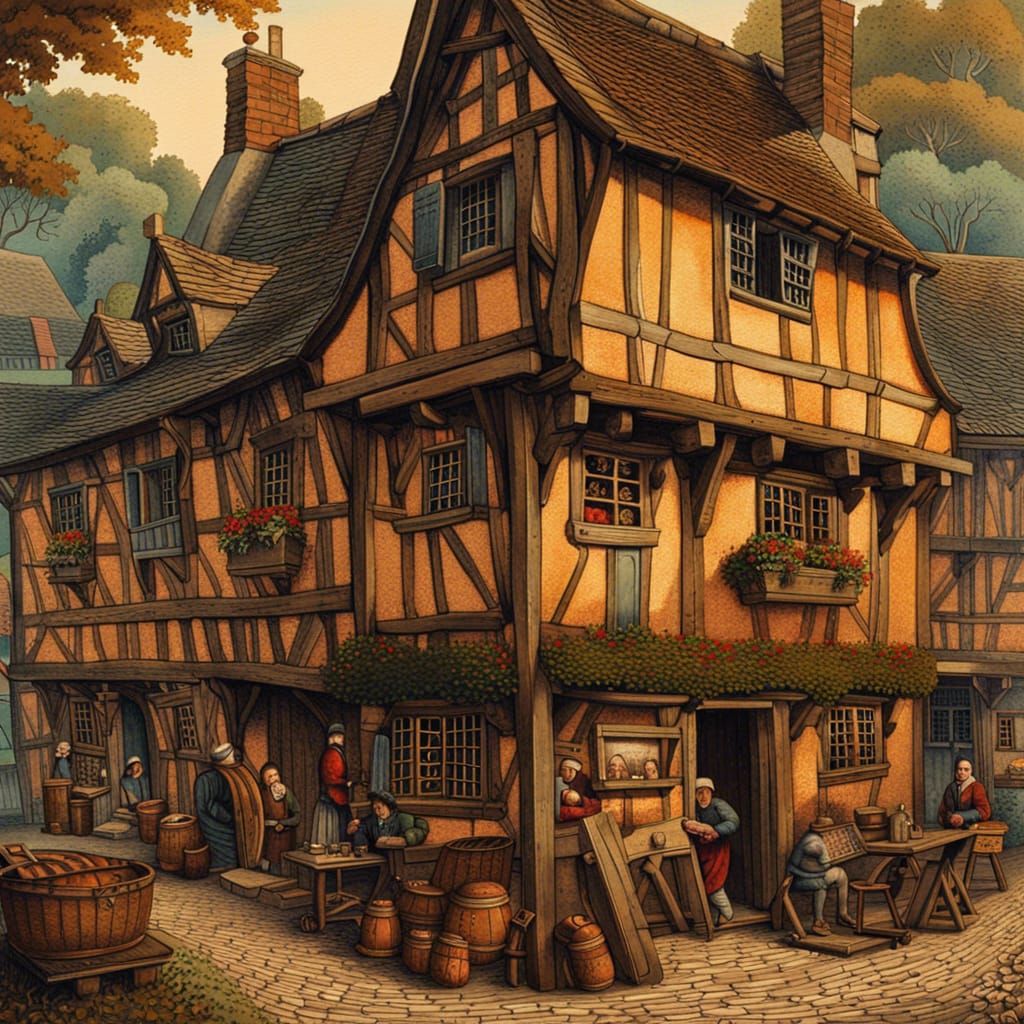 Vibrant Tavern Painting in 1500s English Village