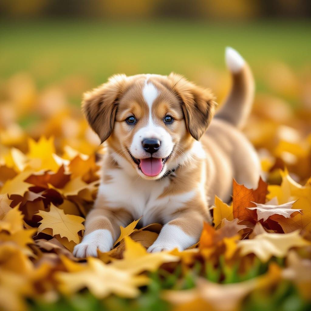 puppy rolling in pile of autumn leaves