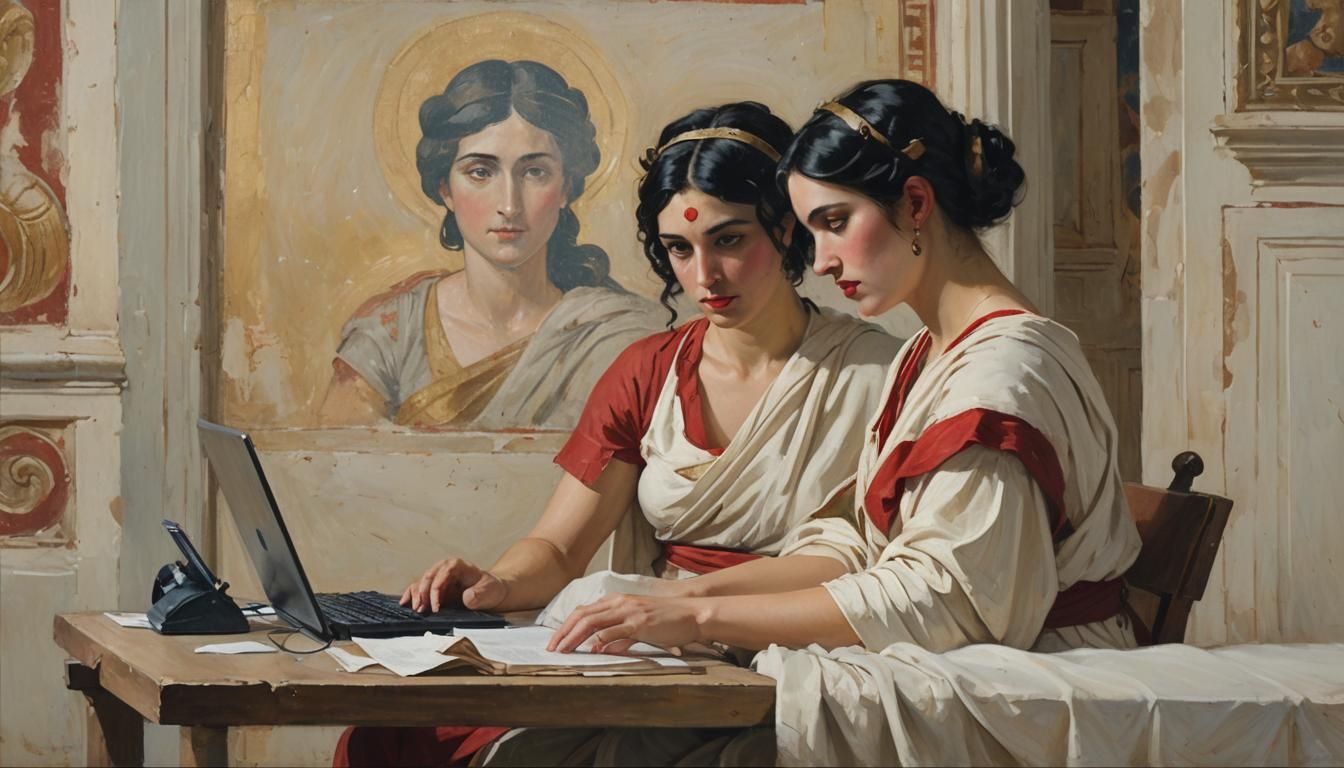 Ancient Roman Woman at Computer, Impressionist Painting