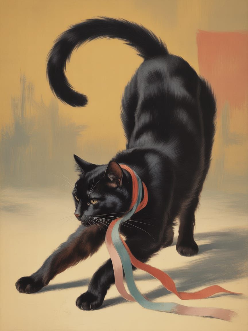 Impressionist Black Cat Curves in Muted Light
