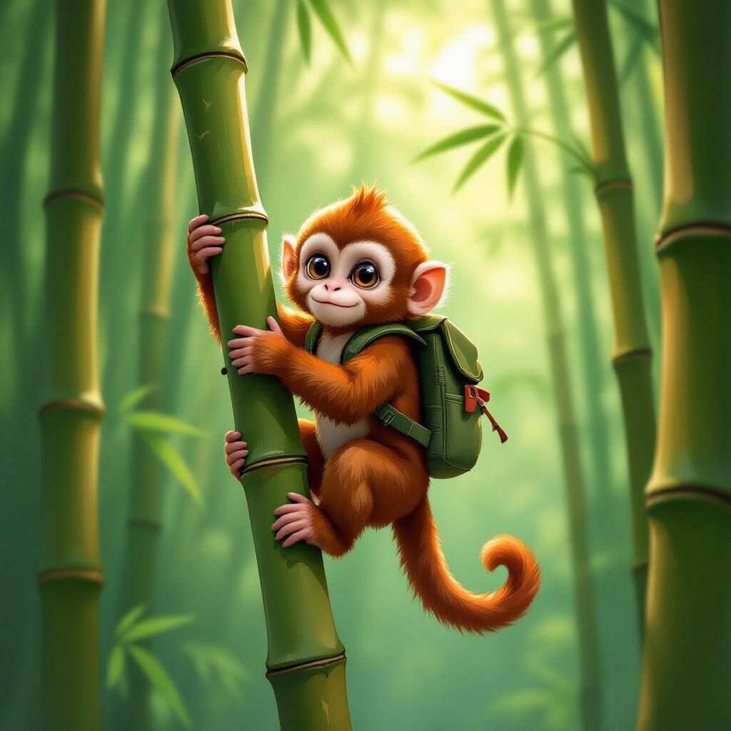 A small, agile monkey, with reddish-brown fur and large, shiny eyes, climbs nimbly up a tall bamboo trunk, swaying from ...