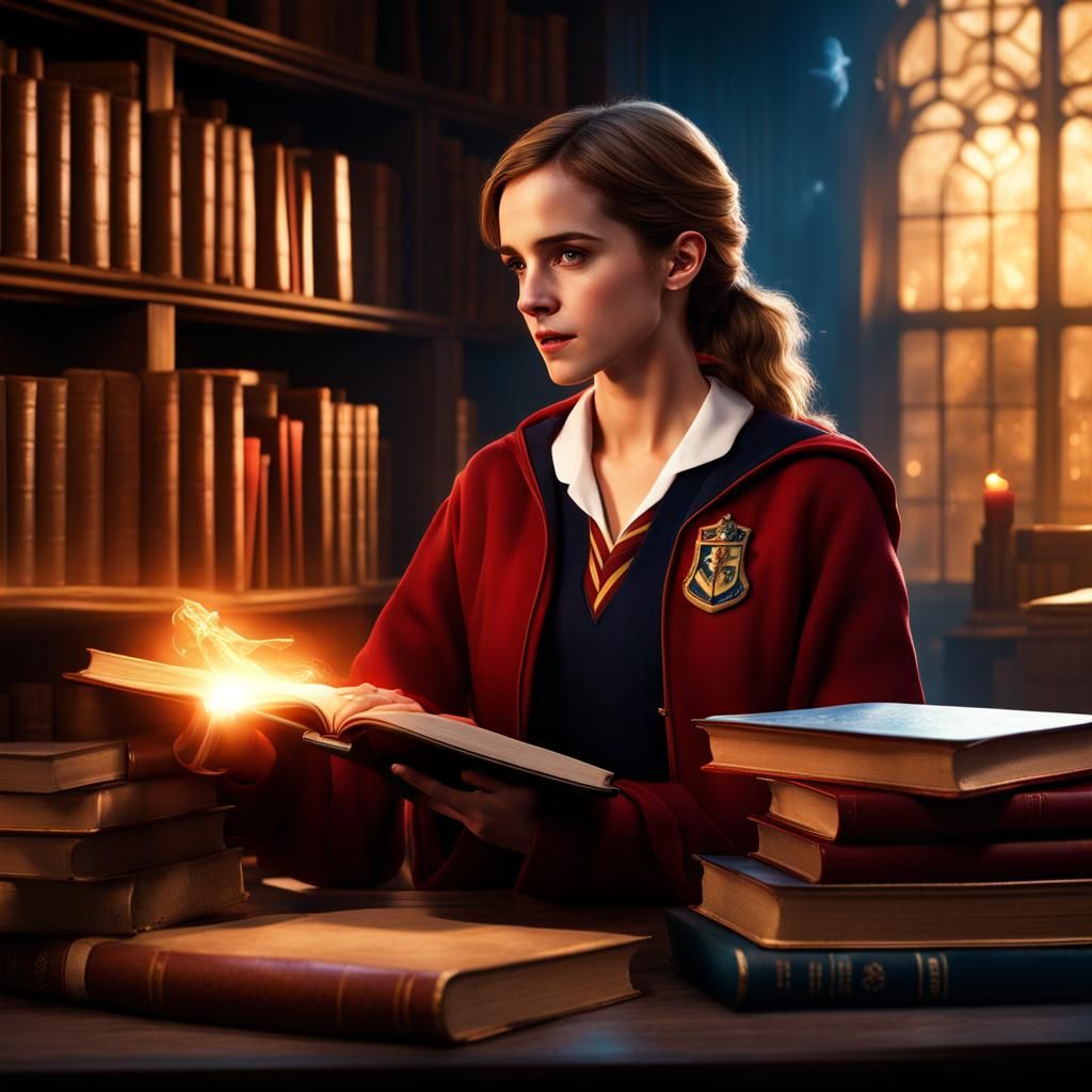 Girl Watches Otter Patronus in Library, Digital Art
