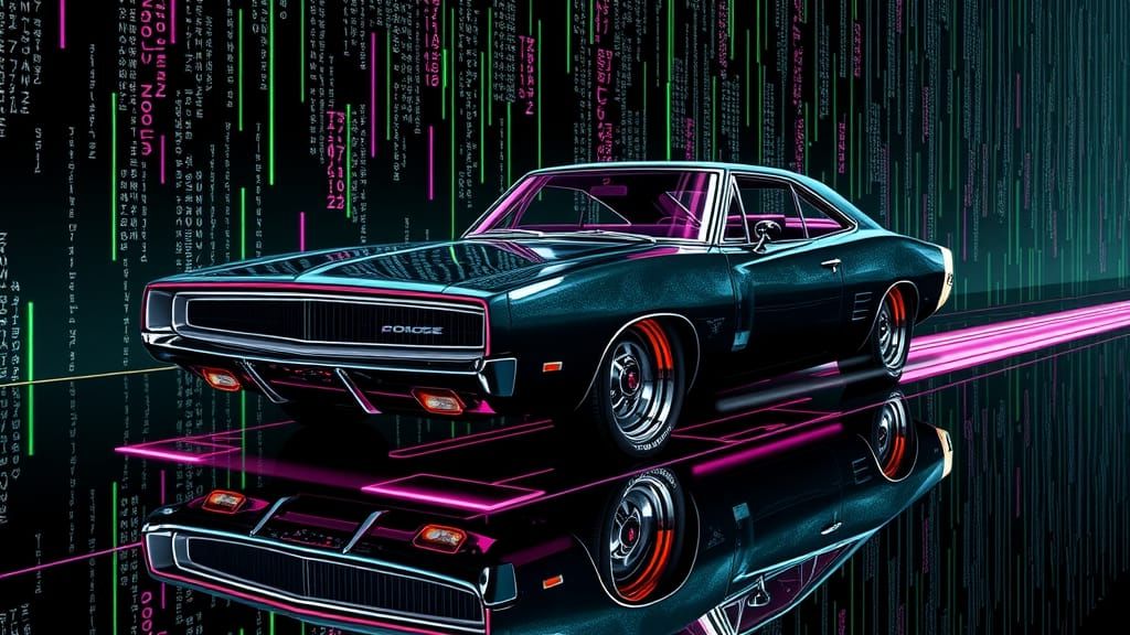 Cyberpunk Dodge Charger in Digital Code Aesthetic