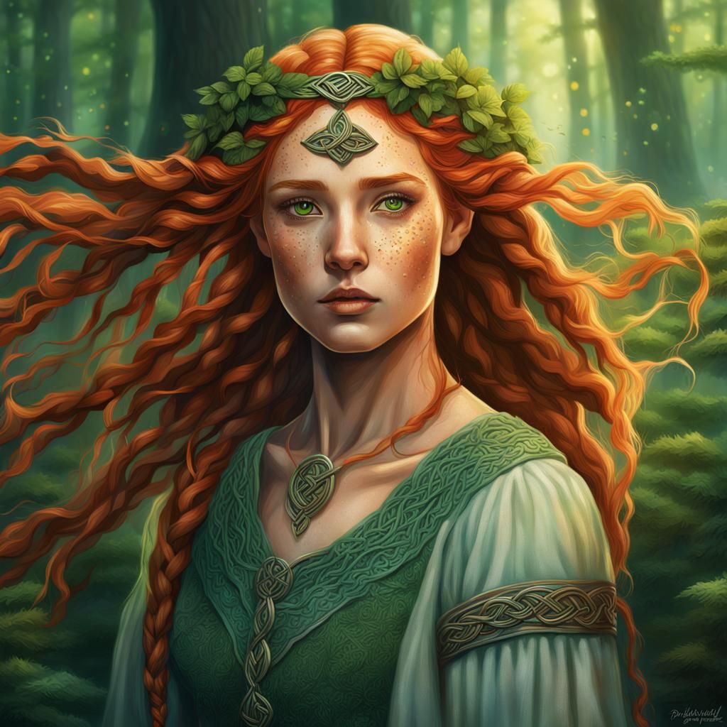 Mystical Celtic Princess in Forest, Hyperrealistic Art