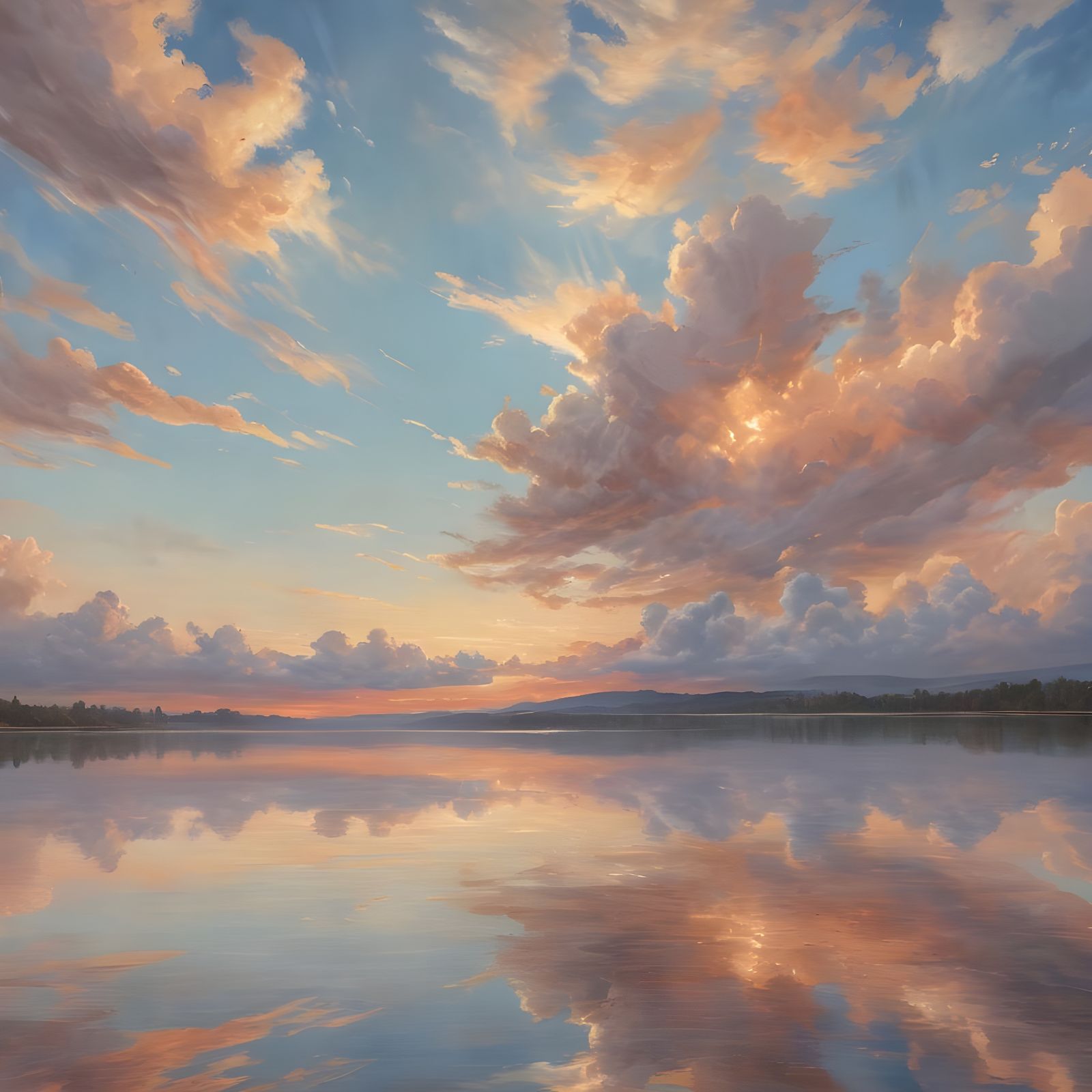 Ethereal Sunrise Reflection on Still Lake as Oil Painting